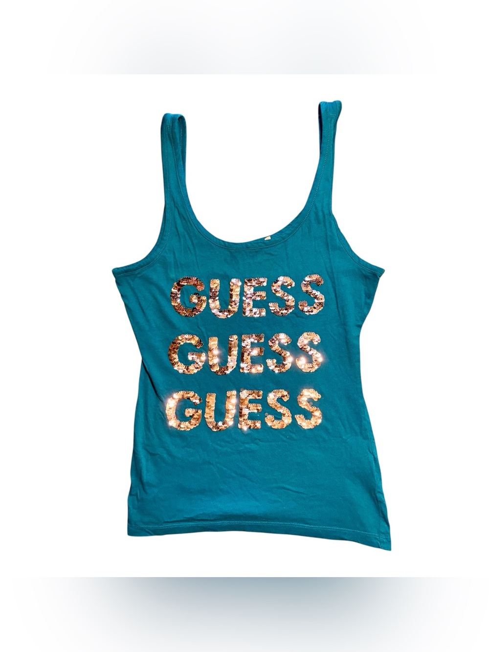 Y2K GUESS Teal Sequin Logo Tank Top - Women's